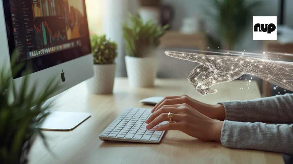 scrivania elegante, in legno chiaro, con iMac e piantine. Le mani eleganti e ben curate di una donna digitano sulla tastiera e in fianco si vede una mano fatta trasparente bianca fatta di connessioni e di luce che indica qualcosa sullo schermo. Il Mac è acceso su una videata di dati aziendali.