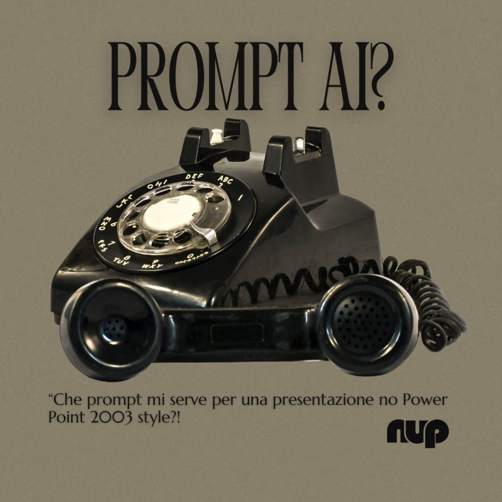 telefono nero in bachelite, vintage, con disco numeri e con cornetta alzata e poggiata e con scritta: "Che prompt mi serve per una presentazione no PowerPoint 2003 style?"