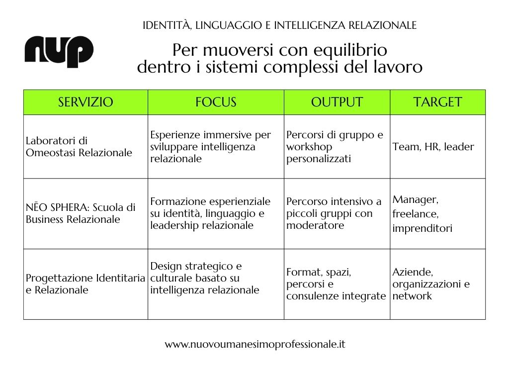 Prospetto sintesi servizi nup, focus, output, target
